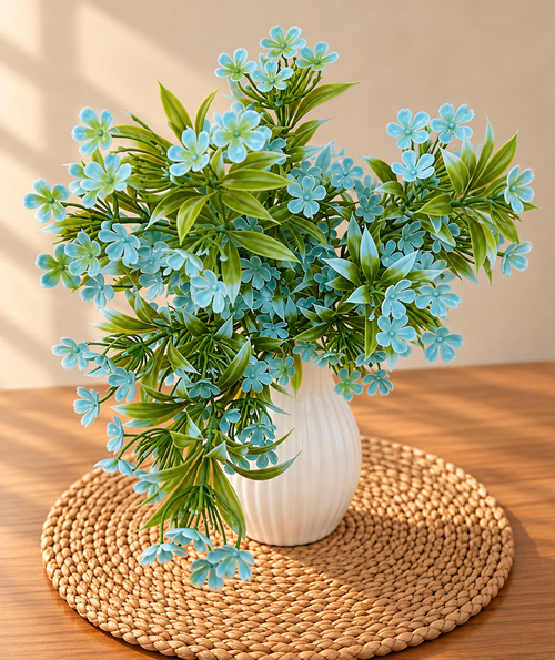 Artificial blue wildflower bunch in white ribbed vase on woven mat