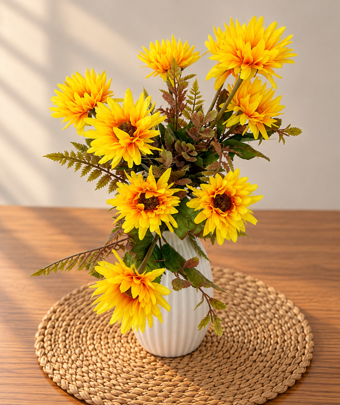 Artificial yellow sunflower bouquet with fern foliage