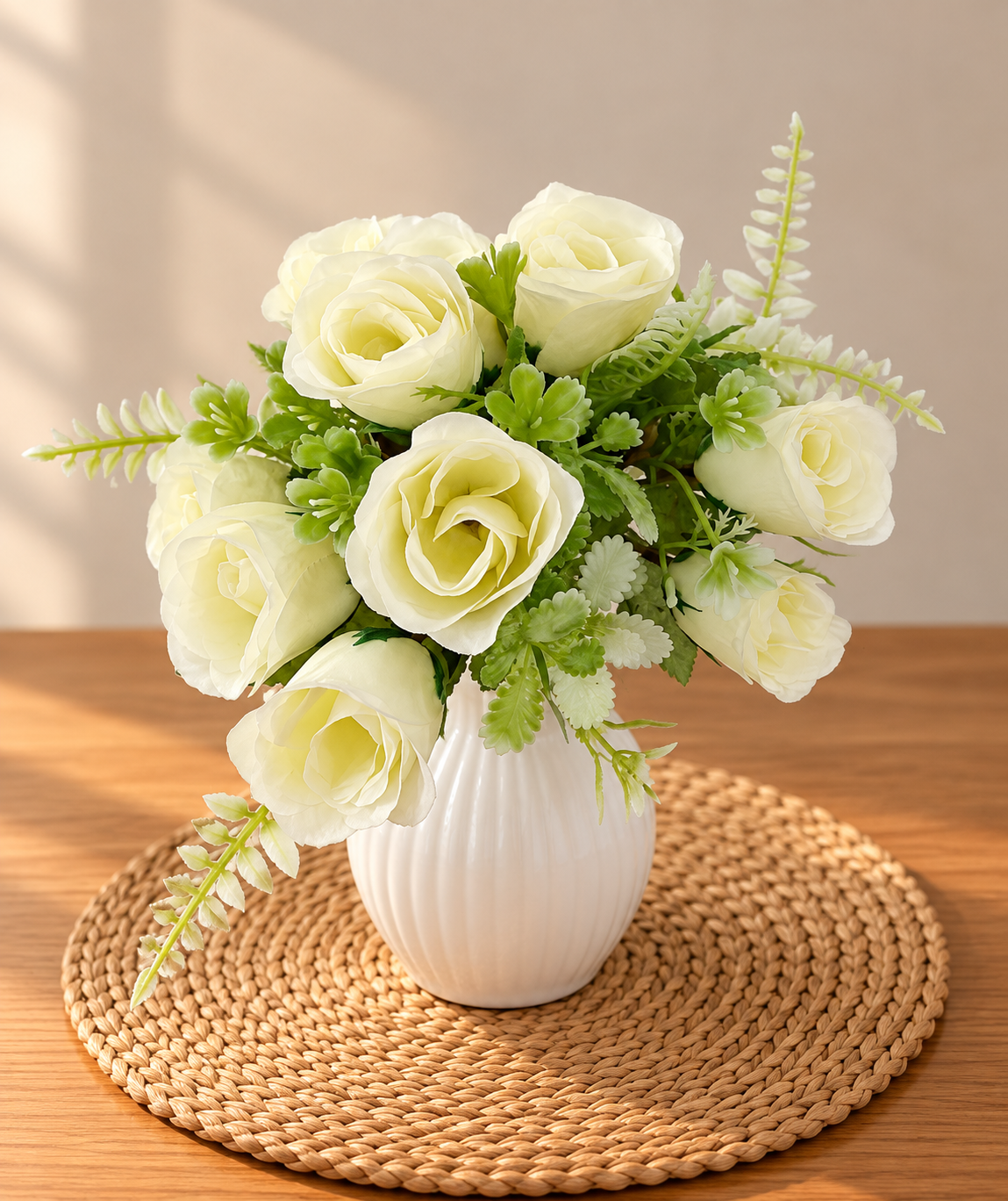 Artificial white rose bouquet with green fern foliage