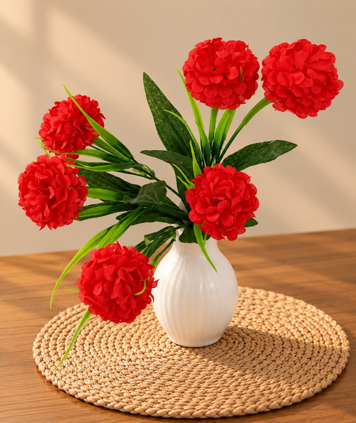 Artificial red hydrangea ball bouquet with tall green leaves