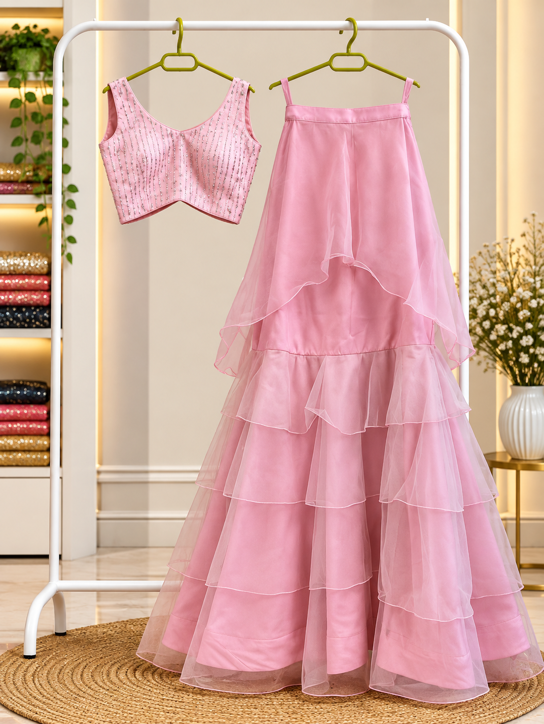 Pink Sequin Crop Top & Ruffle Lehenga Set