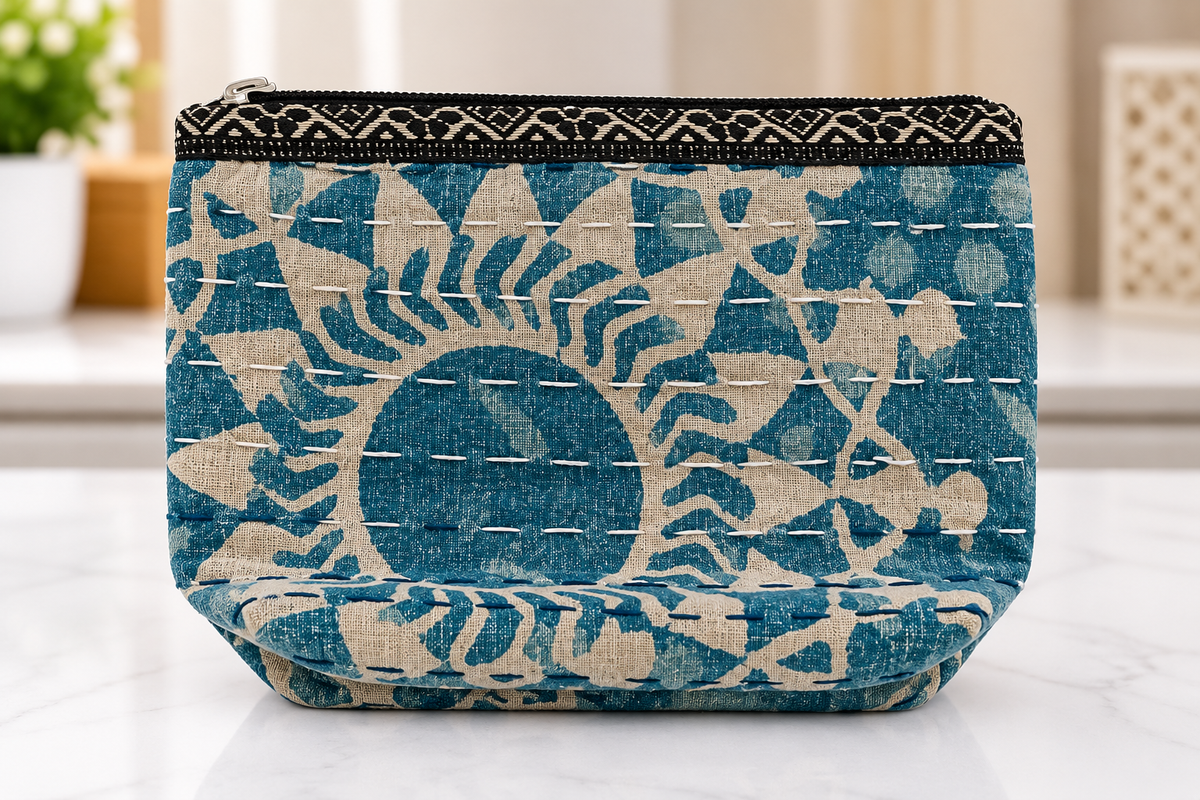 Block Print Quilted Cosmetic Pouch Teal Beige Floral