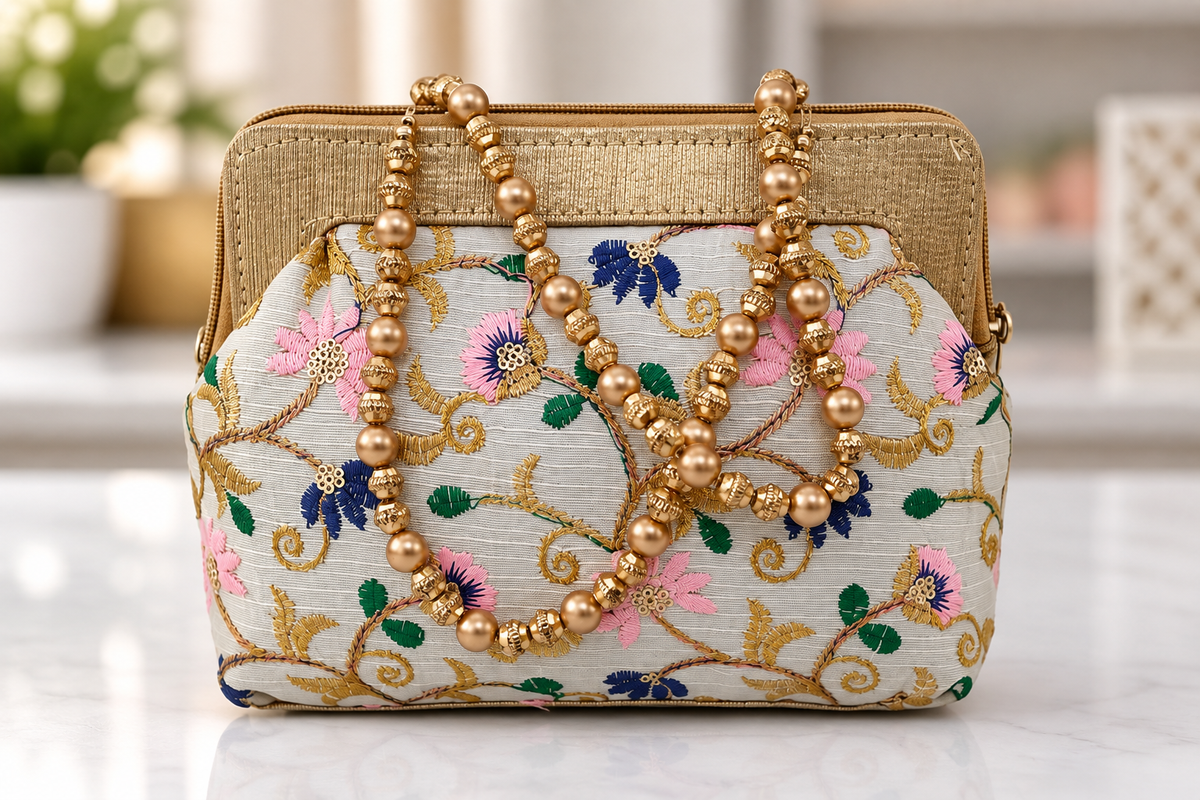 Floral Beaded Handbag - Blue Floral Embroidery