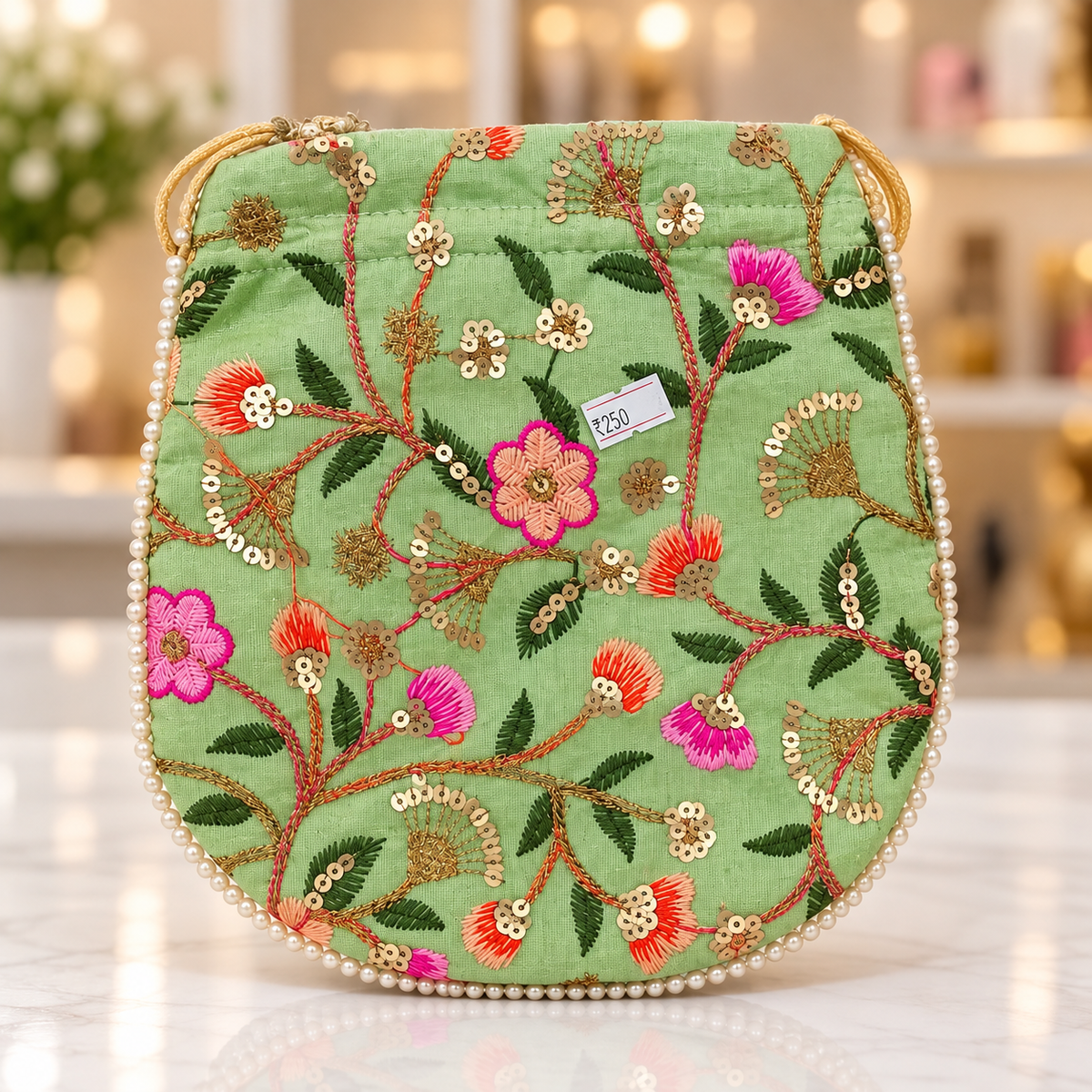 Mint Green Floral Embroidered Potli Bag Pearl Border