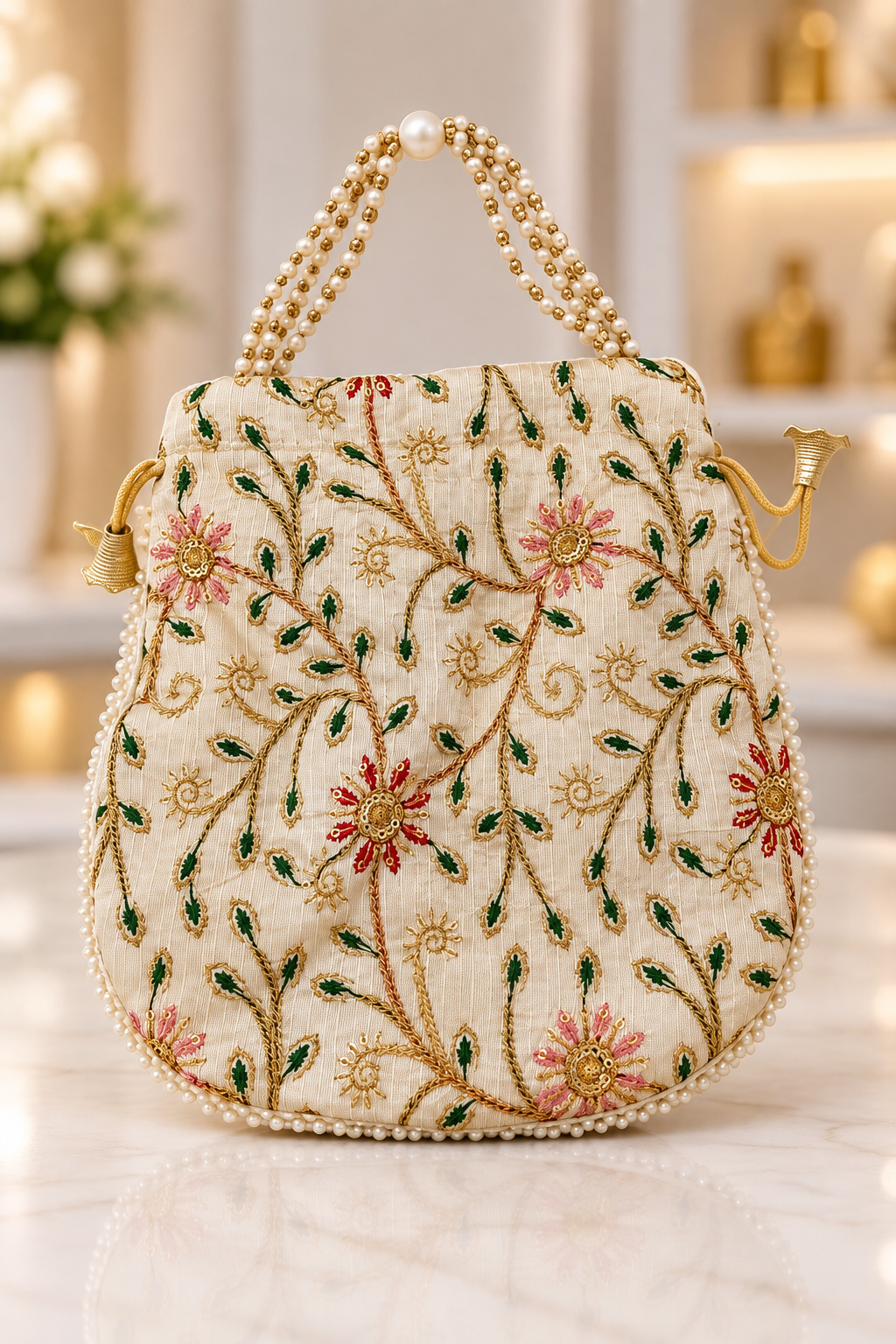 Cream Zardozi Potli Bag with Pearl Handle