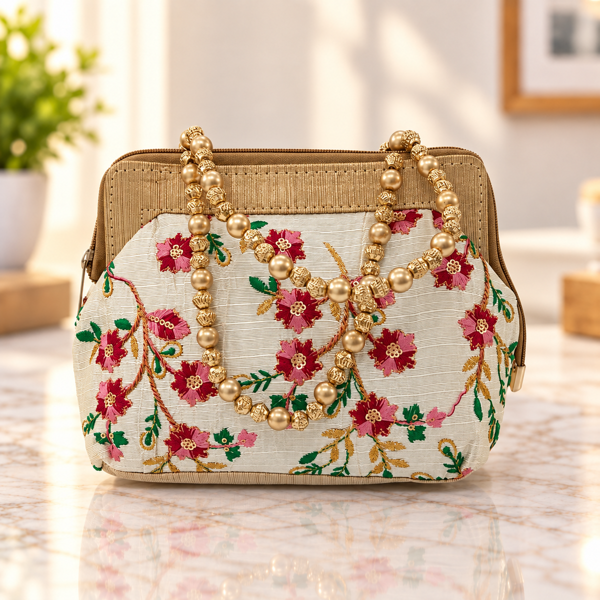 Floral Beaded Handbag - Red Floral Embroidery