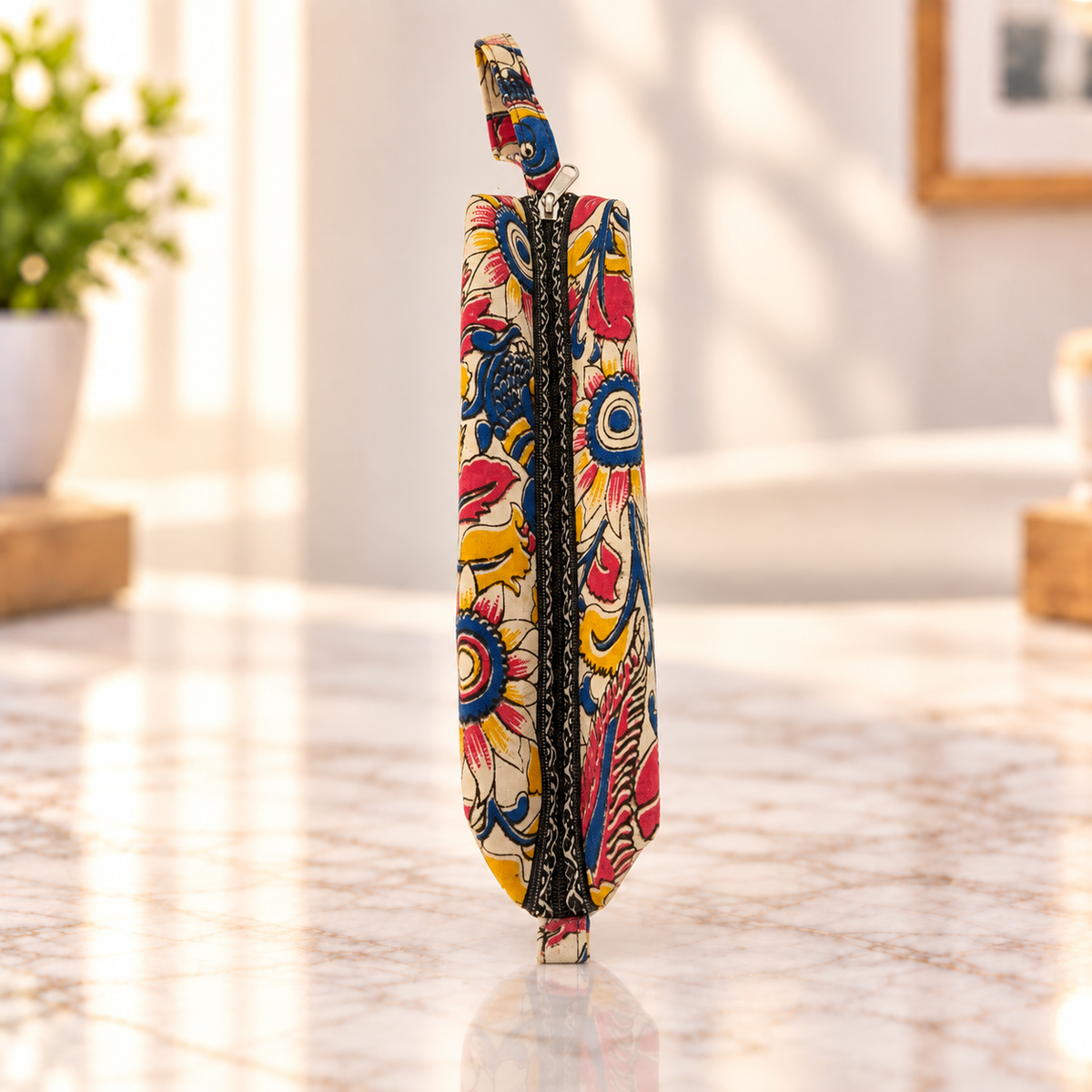 Kalamkari Floral Travel Pouch Yellow Red