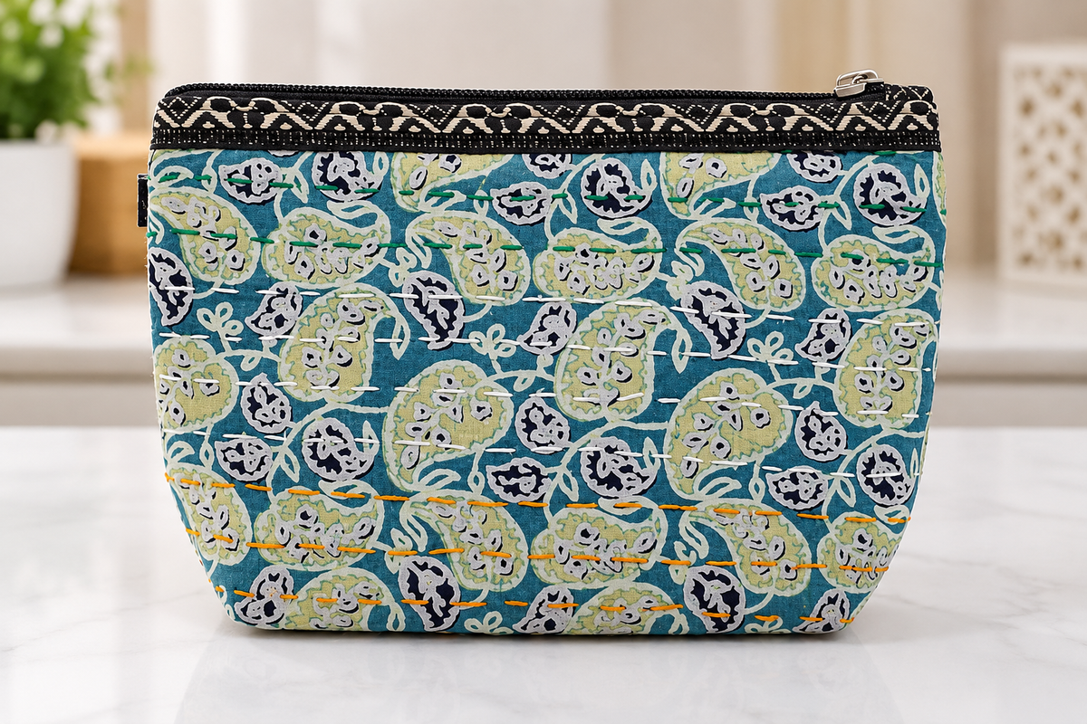 Block Print Quilted Cosmetic Pouch Teal Paisley
