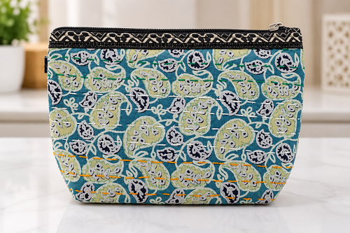 Block Print Quilted Cosmetic Pouch Teal Paisley