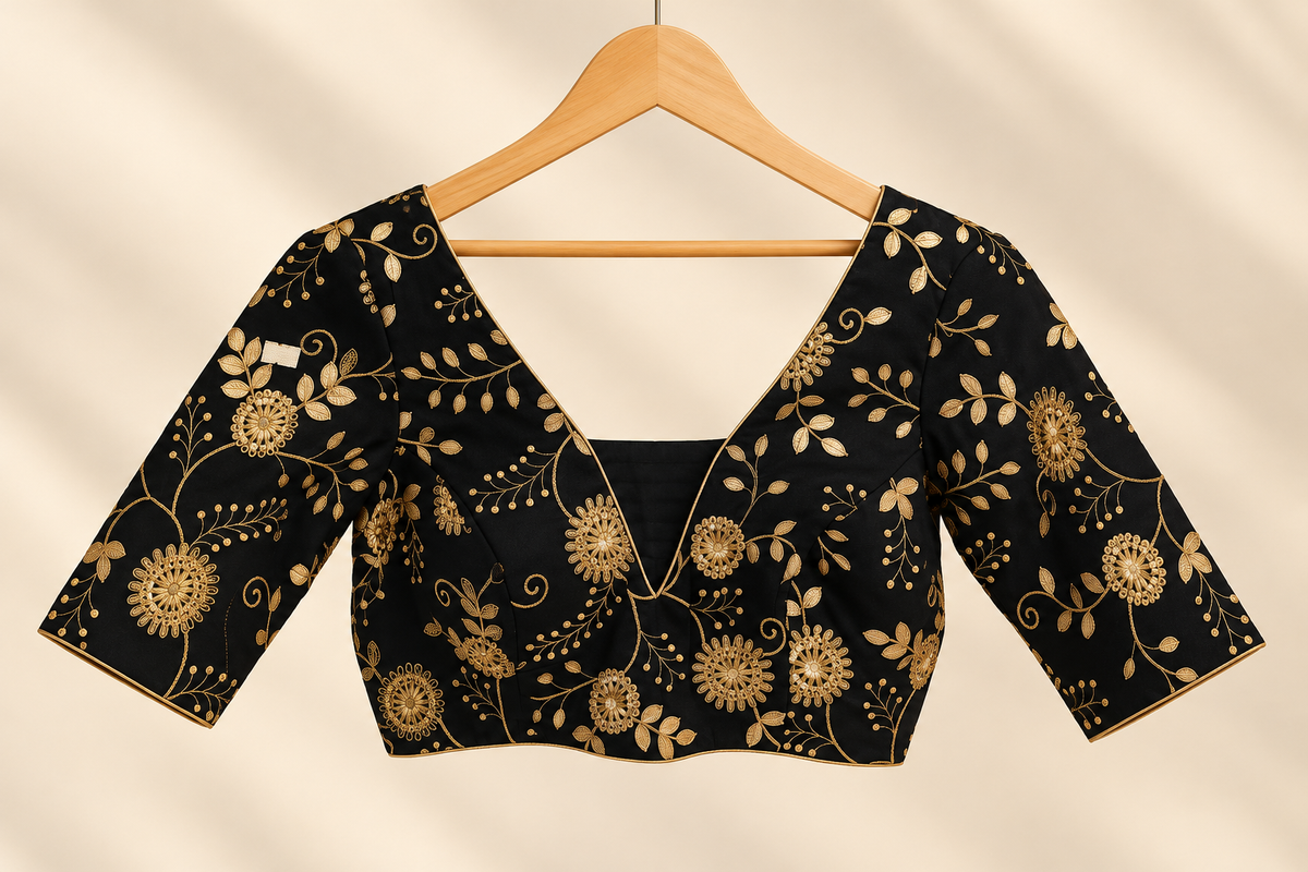 Black Embroidered Blouse with Gold Floral Work