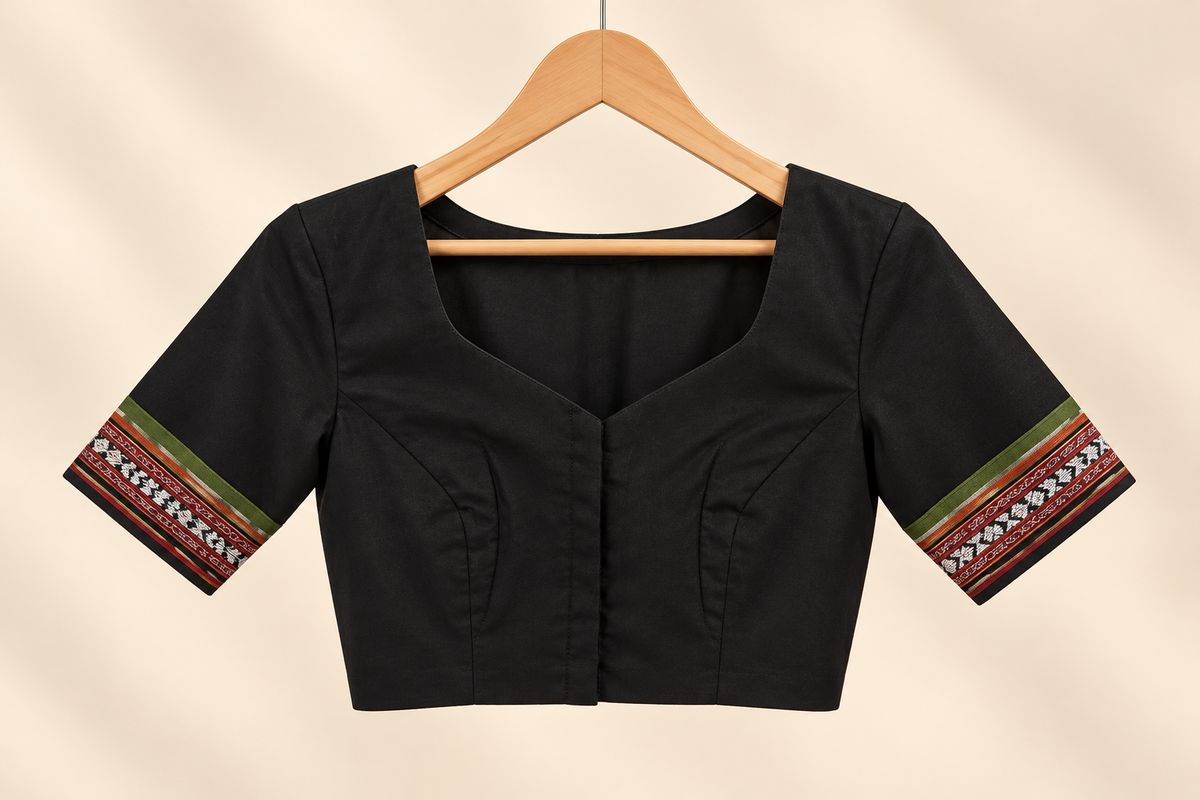 Black Cotton Blouse with Maroon & Gold Zari Border