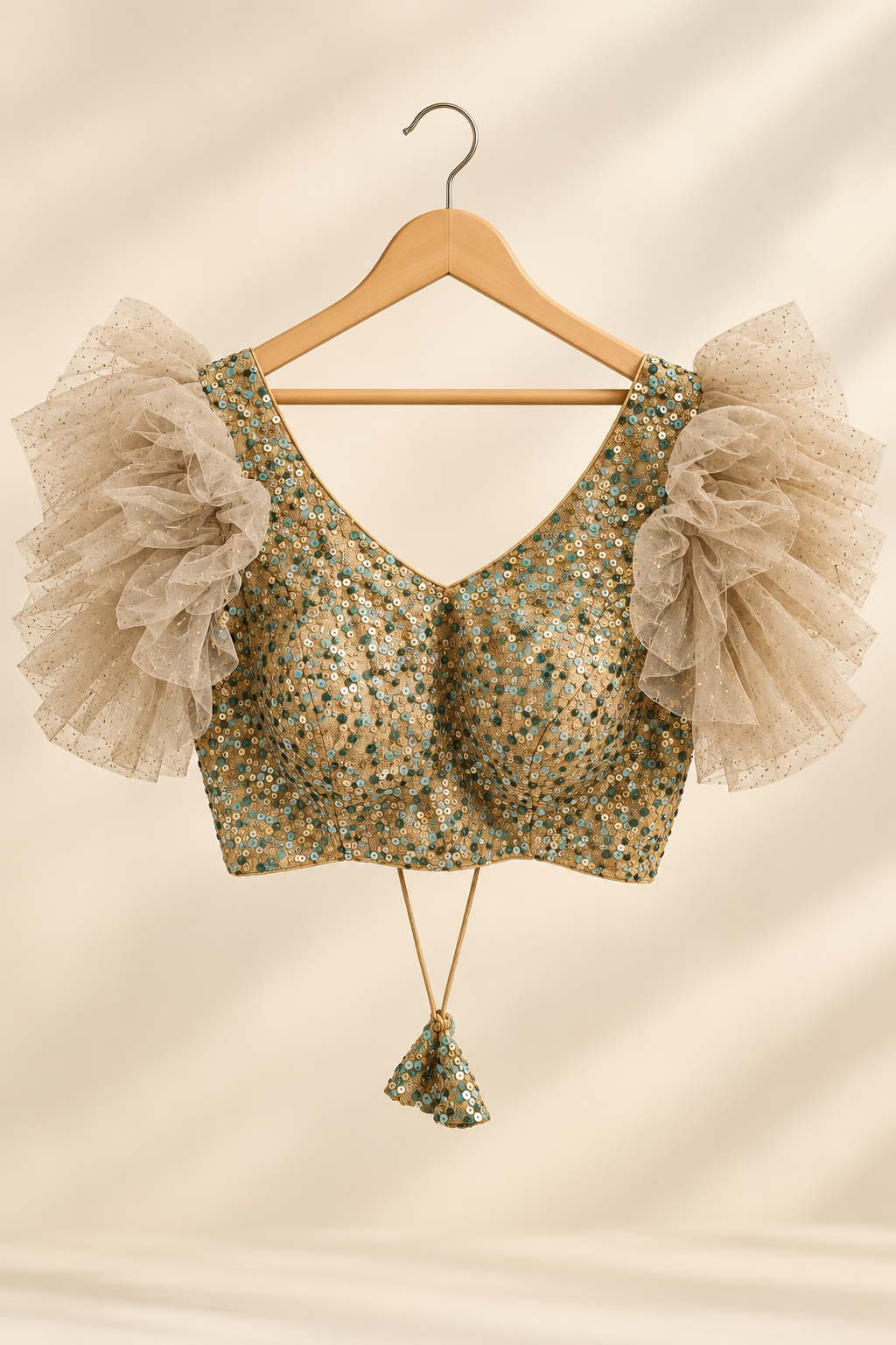 Champagne Sequin Blouse with Ruffle Organza Sleeves
