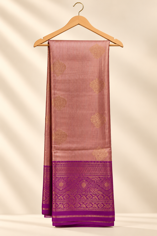 Blush Pink Banarasi Silk Saree with Purple Zari Border