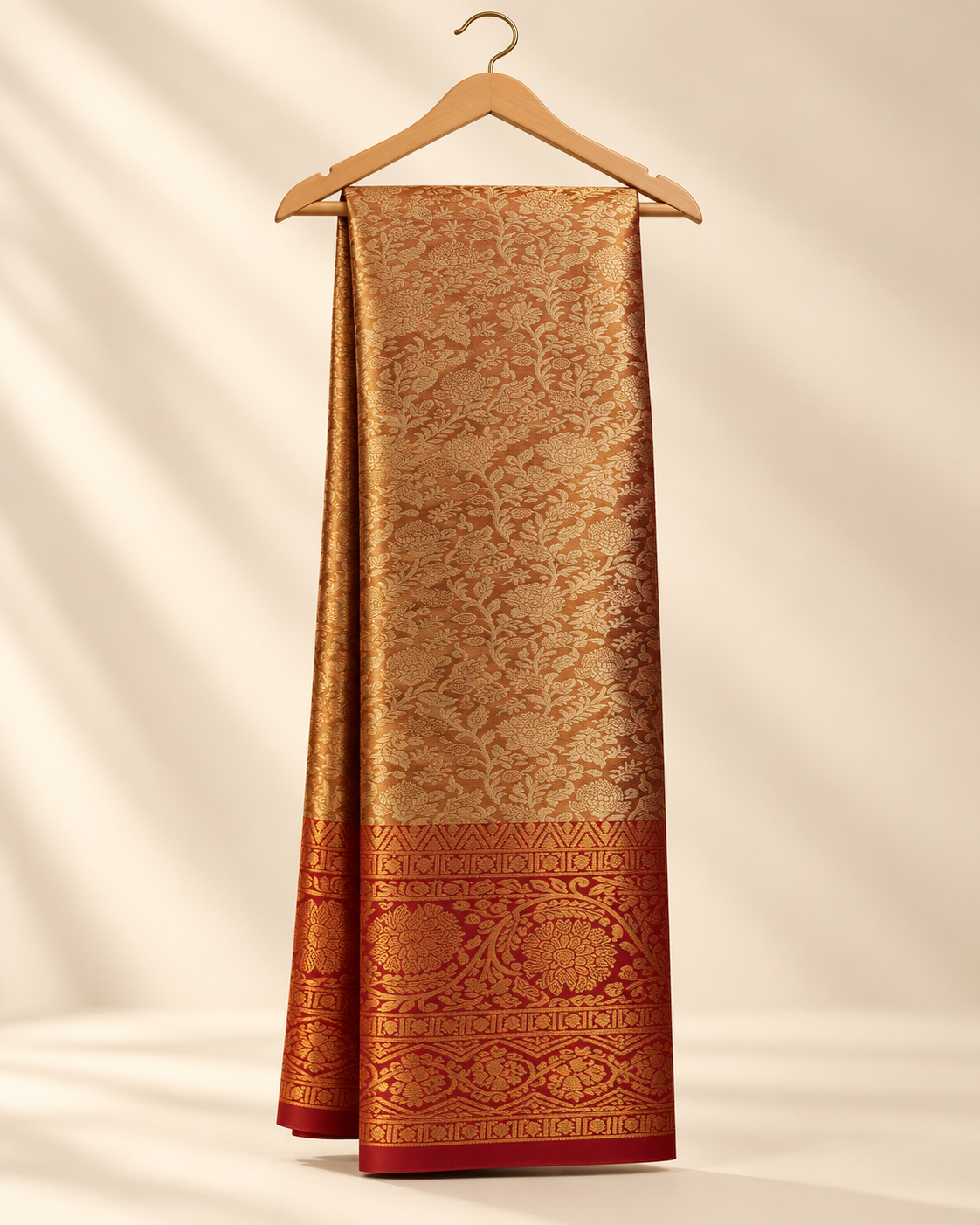 Gold Banarasi Brocade Silk Saree with Maroon Zari Border