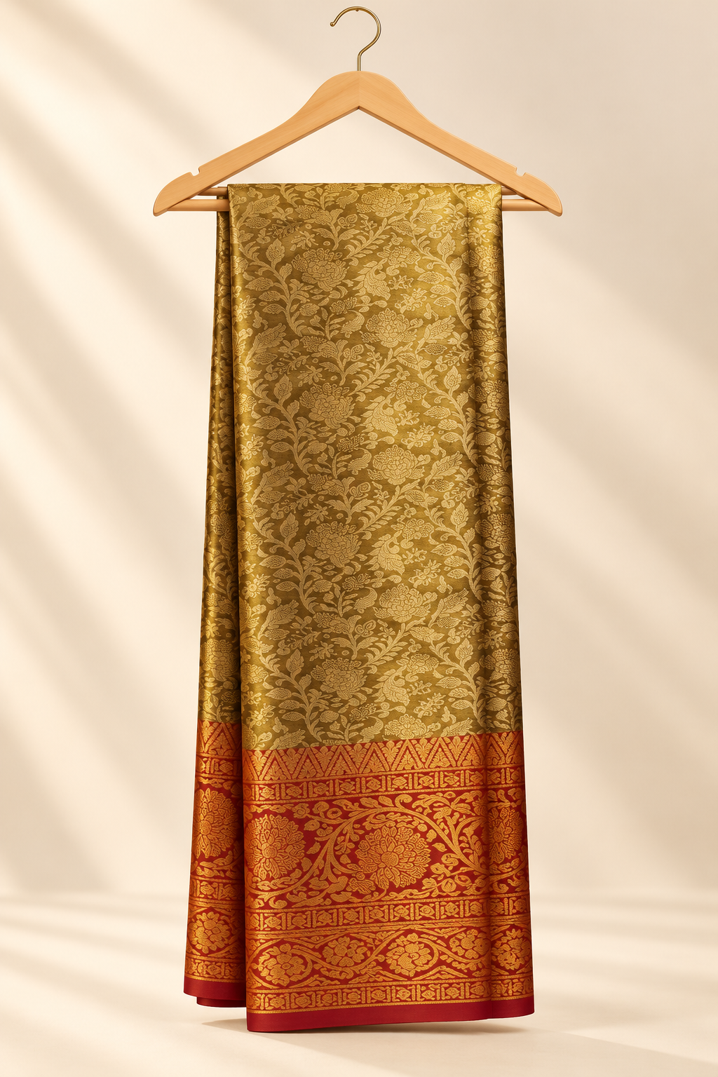 Gold Banarasi Brocade Silk Saree with Red Zari Border
