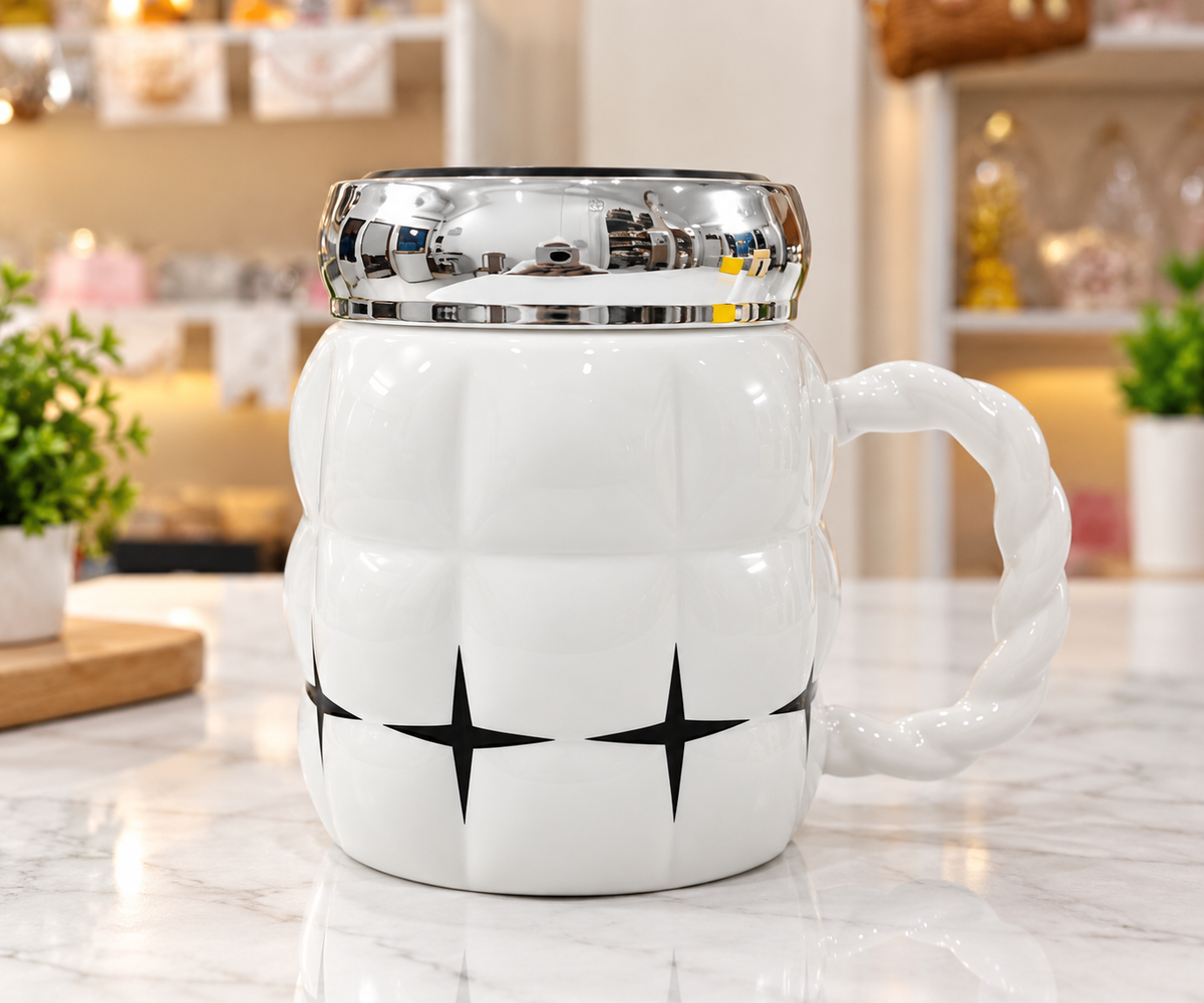 White star ceramic mug with chrome lid