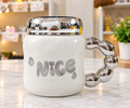 White Nice ceramic mug with silver bubble handle and dome lid