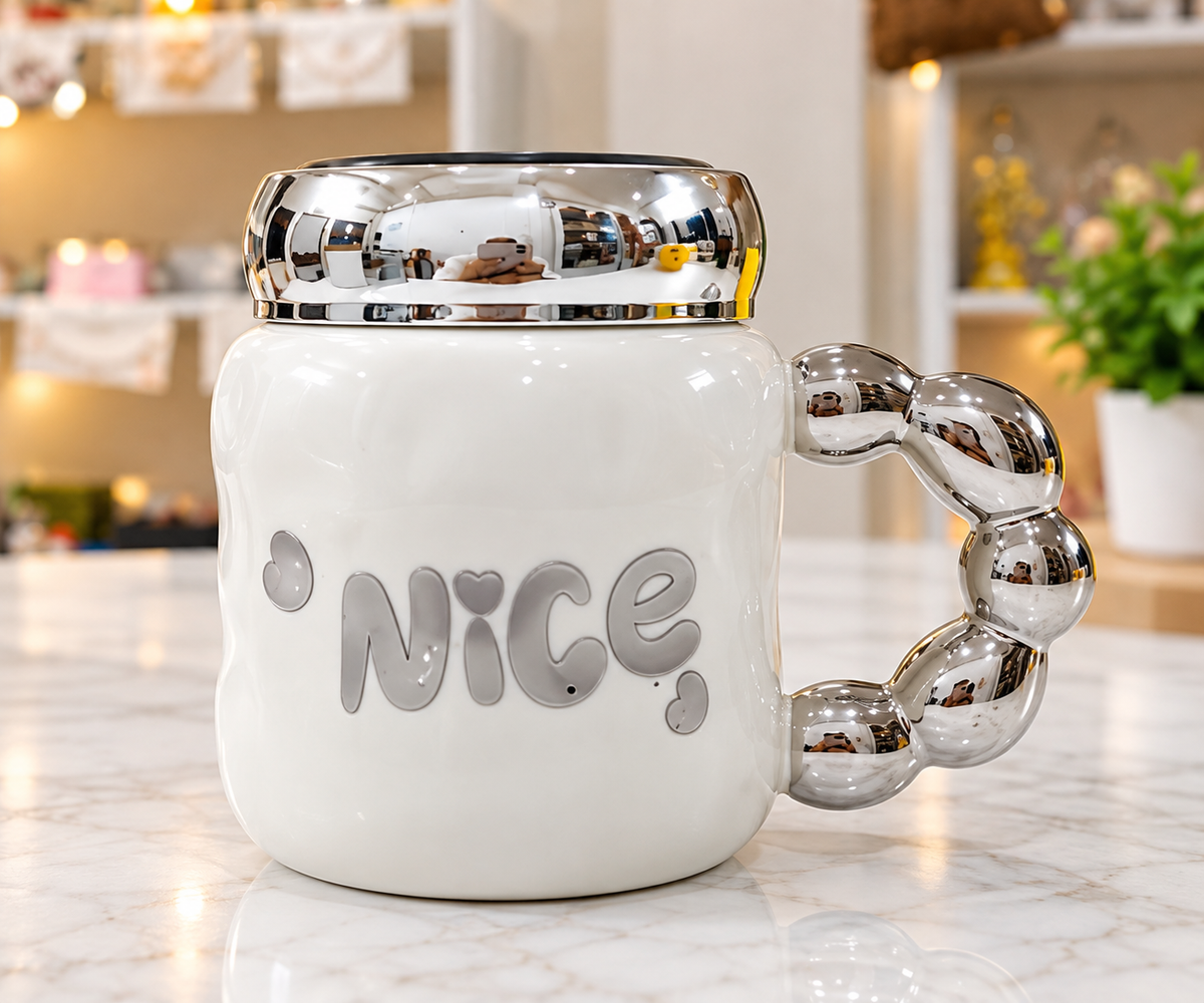White Nice ceramic mug with silver bubble handle and dome lid