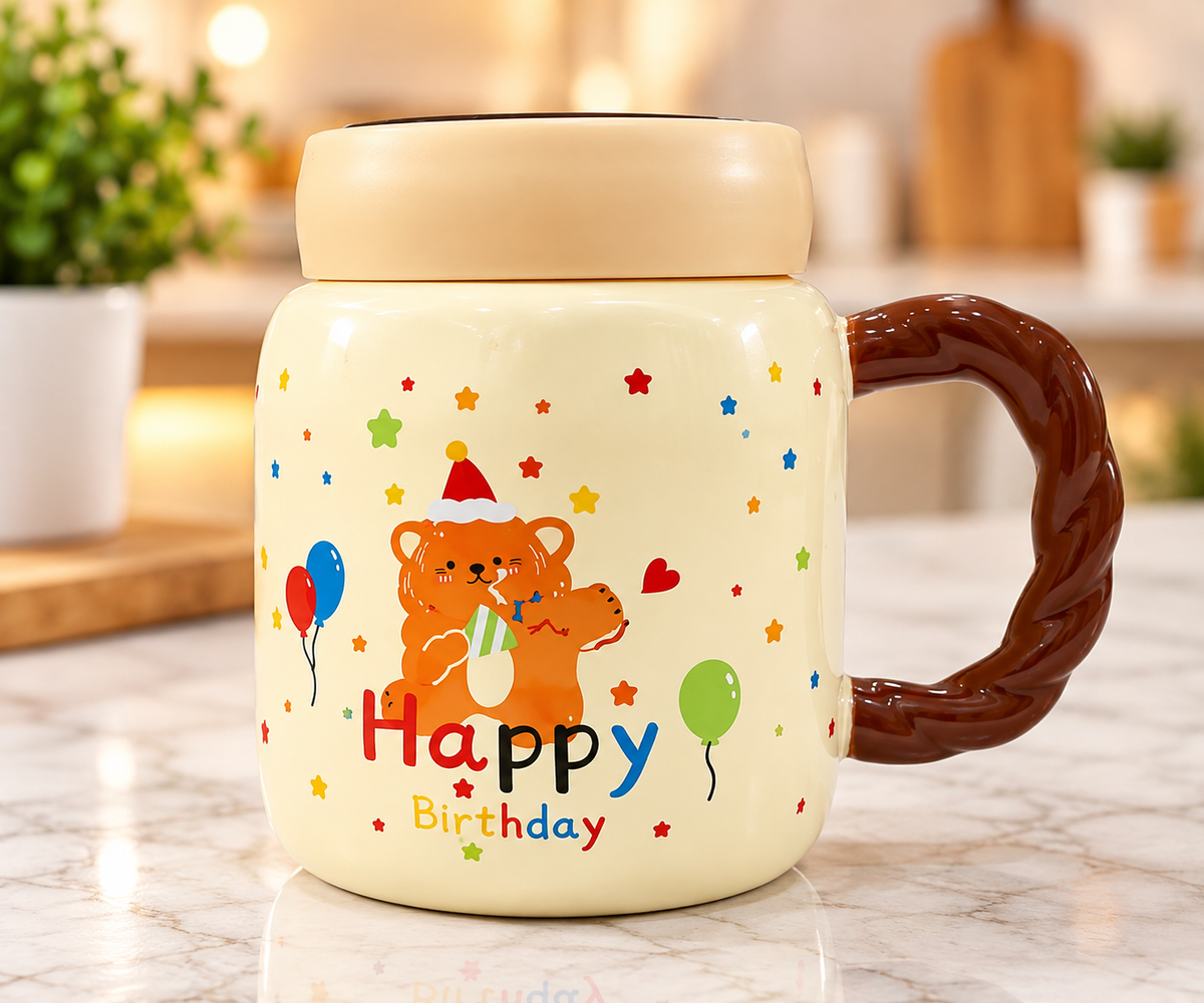 Happy Birthday Bear ceramic mug with lid in cream yellow