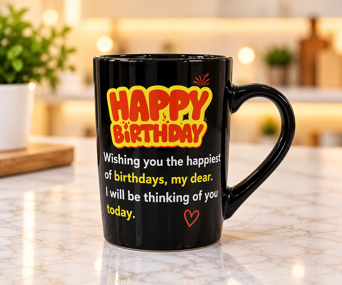 Black ceramic Happy Birthday mug with colourful text