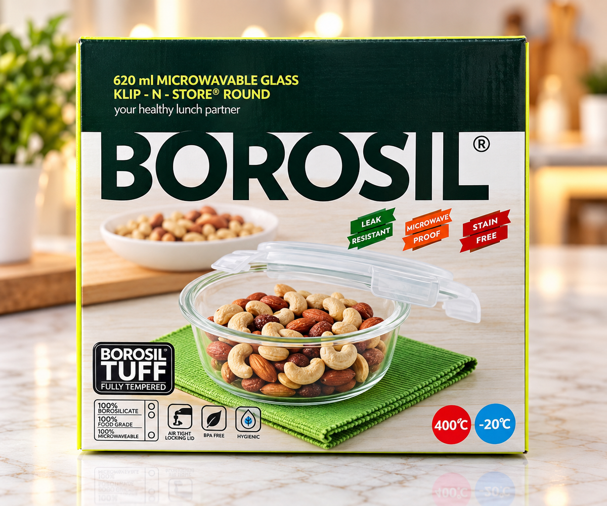 Borosil Klip-N-Store Round microwavable glass container 620ml