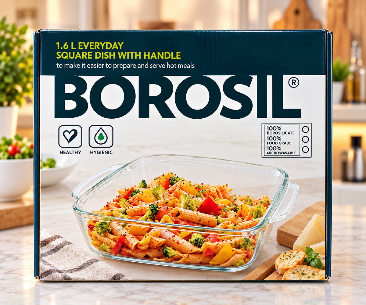 Borosil 1.6L everyday square glass dish with handle