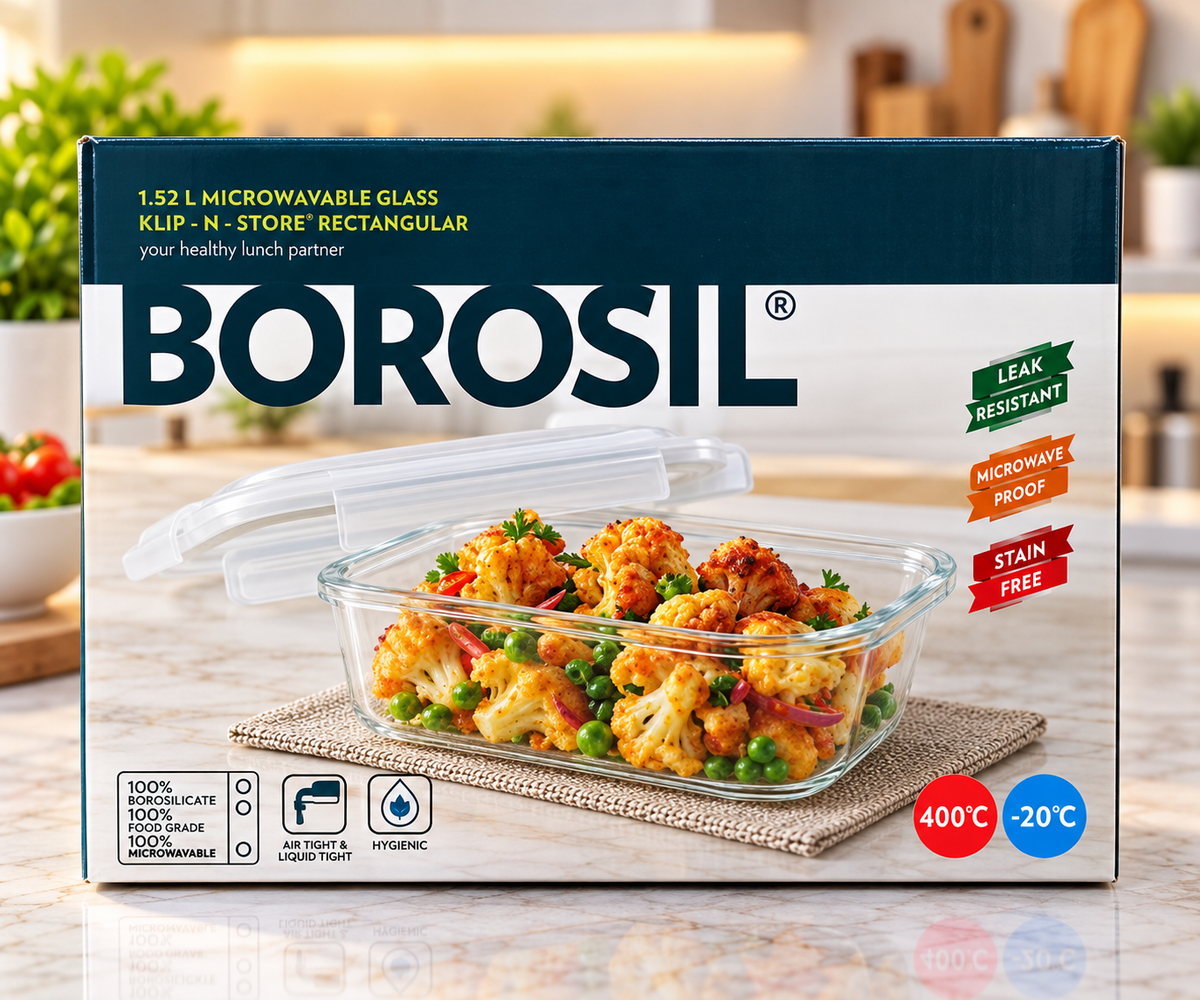 Borosil Klip-N-Store rectangular microwavable glass container 1.52L