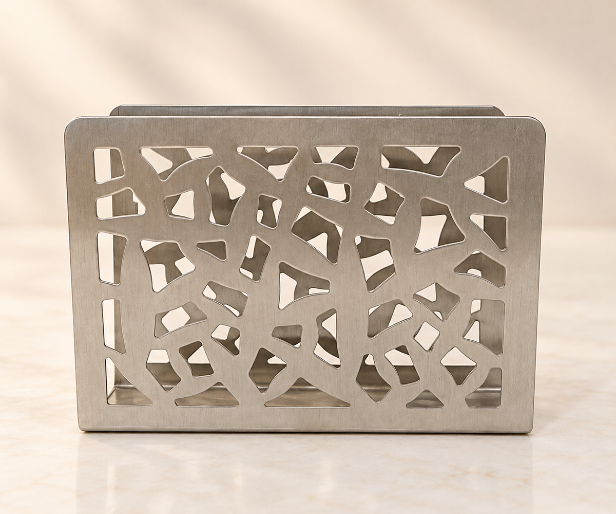 Stainless steel laser-cut geometric napkin holder brushed satin finish