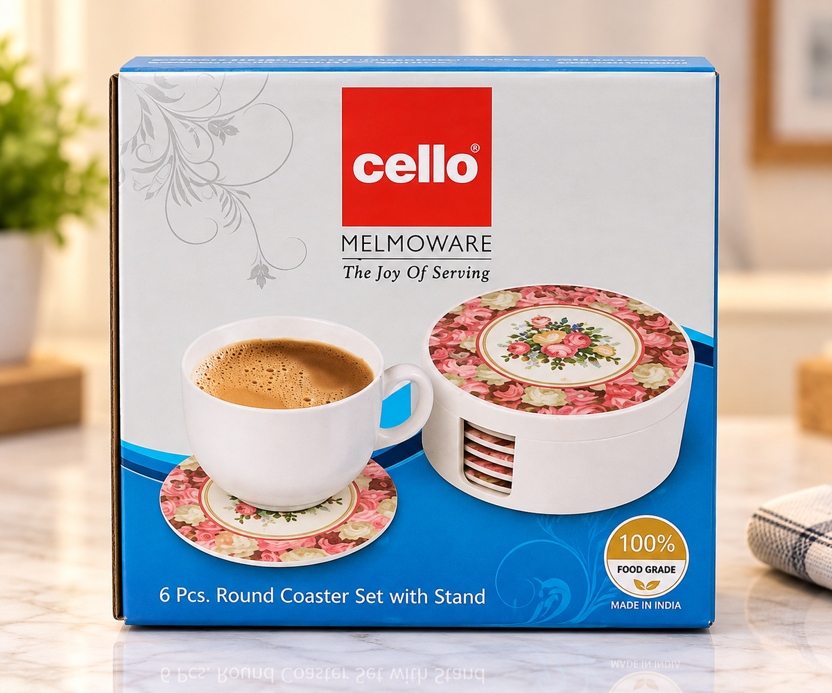 Cello Melmoware 6 piece round coaster set with stand floral rose print