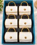 White and gold handbag shaped ceramic mug set of 6 in gift box