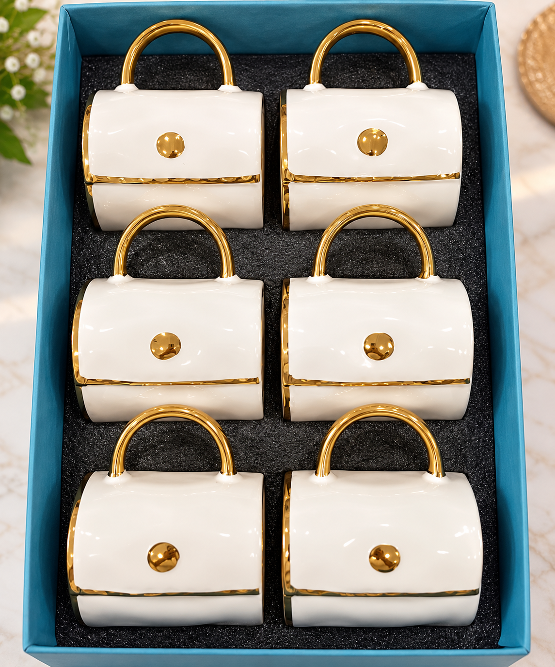 White and gold handbag shaped ceramic mug set of 6 in gift box