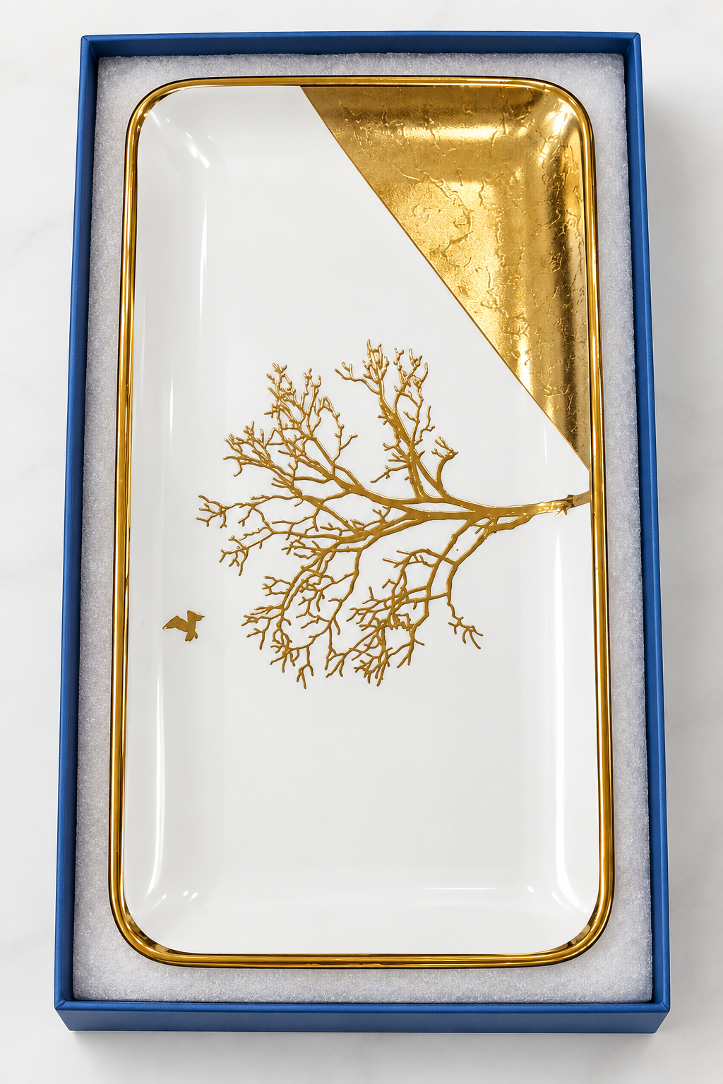 White and gold tree ceramic serving tray in gift box
