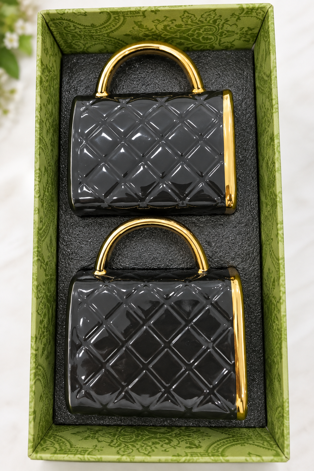 Black and gold quilted handbag ceramic sugar pot set of 2 in gift box