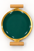Emerald green and gold round ceramic serving tray with wooden handles