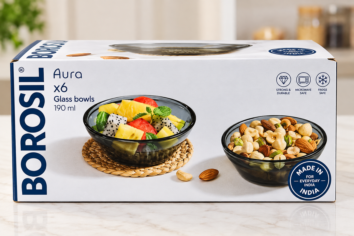 Borosil Aura 190ml glass bowl set of 6 microwave and fridge safe