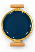 Navy blue and gold round ceramic serving tray with wooden handles