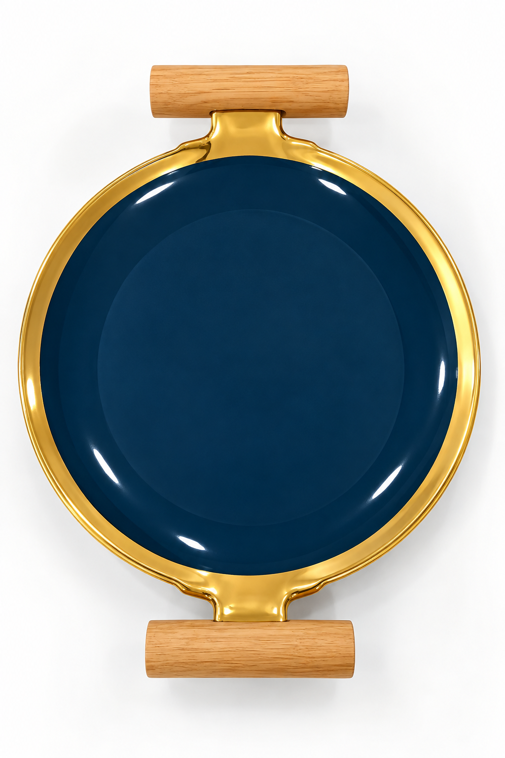 Navy blue and gold round ceramic serving tray with wooden handles