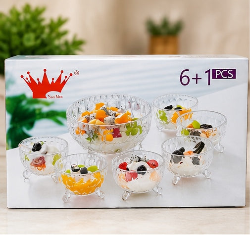 Sea Mex crystal bowl set 6+1 pcs diamond-cut textured design in box