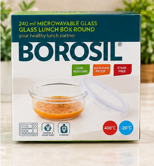 Borosil 240ml round microwavable glass lunch box leak resistant airtight