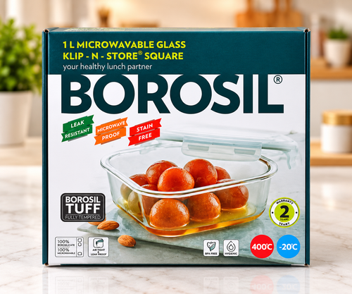 Borosil Klip-N-Store square glass container 1 litre
