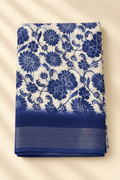 Teal Abstract Leaf Print Saree with Grey Self-Tone Border
