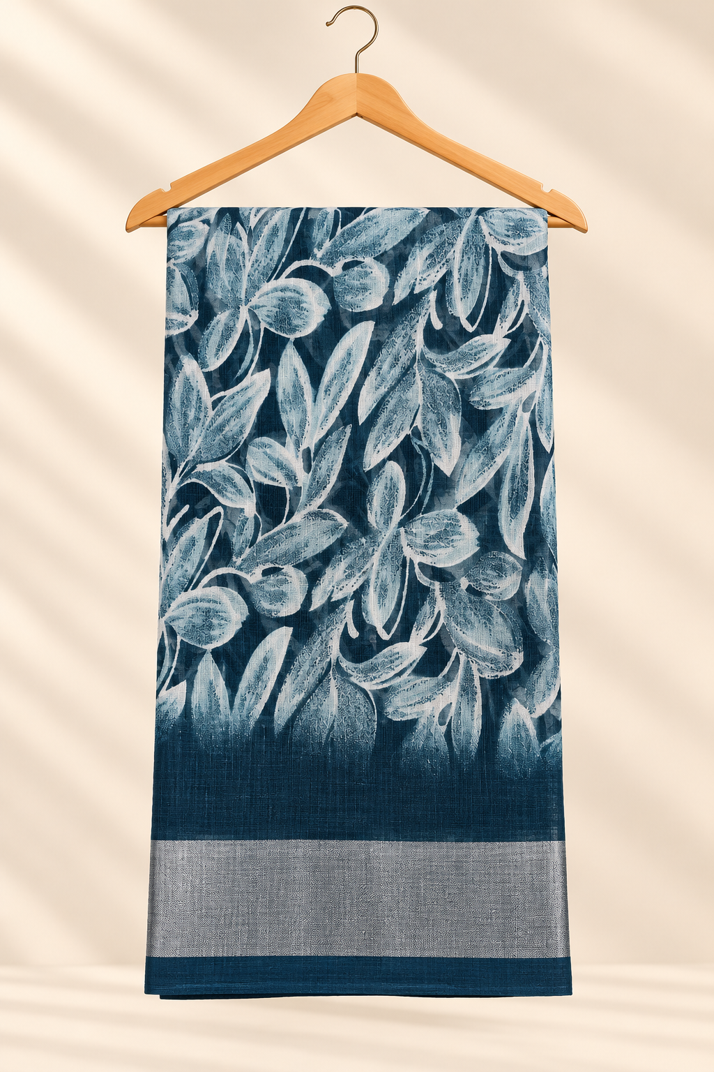 Royal Blue Abstract Leaf Print Saree with Powder Blue Self-Tone Border