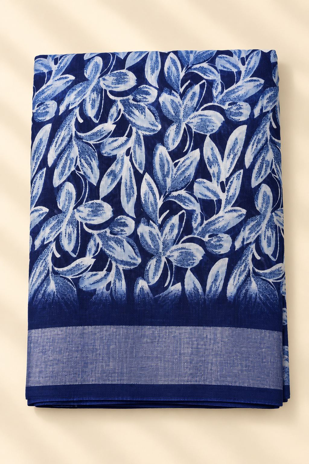 Navy Blue Abstract Leaf Print Saree with Periwinkle Self-Tone Border