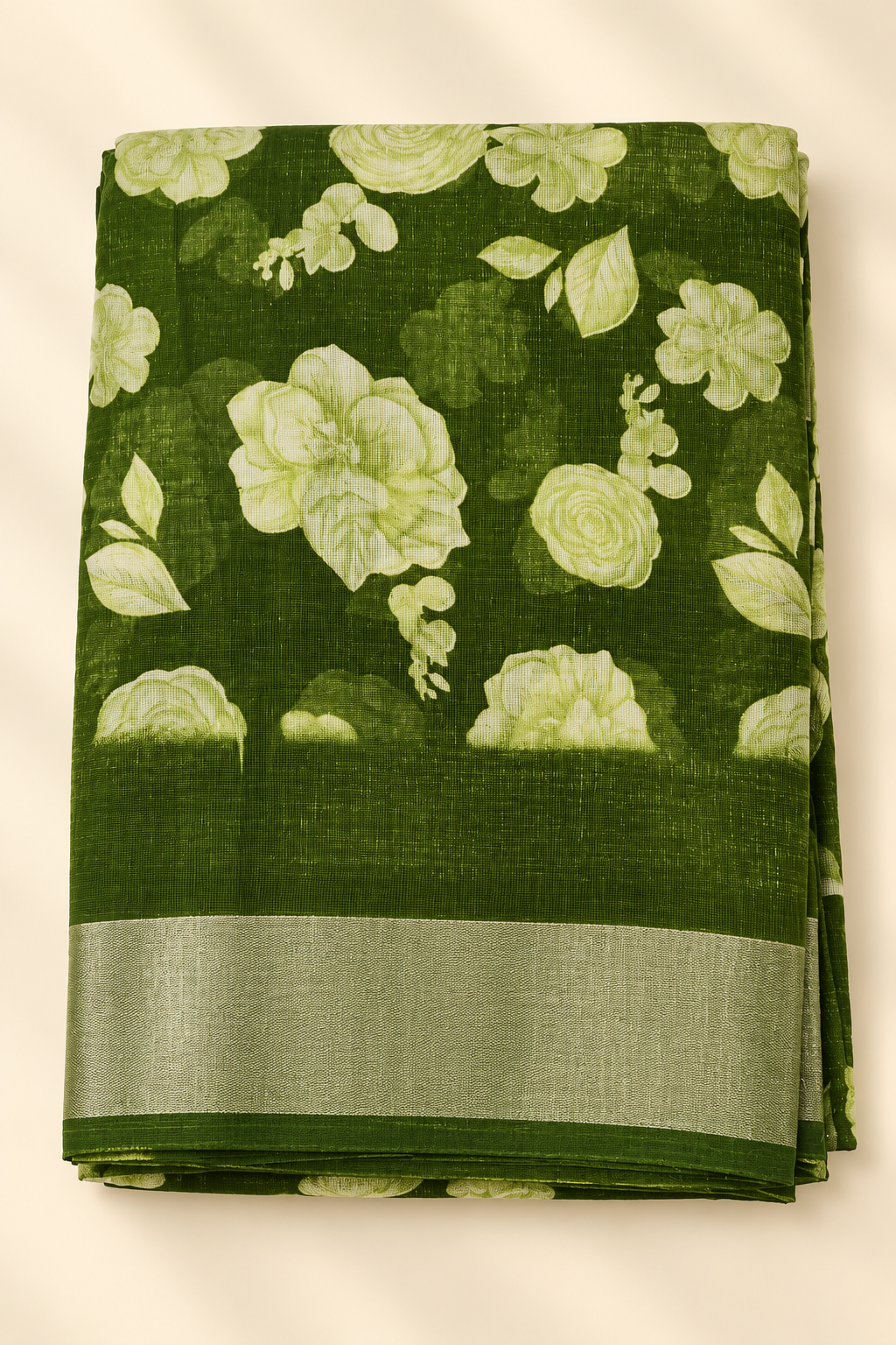 Forest Green Rose Floral Print Saree with Silver Zari Border