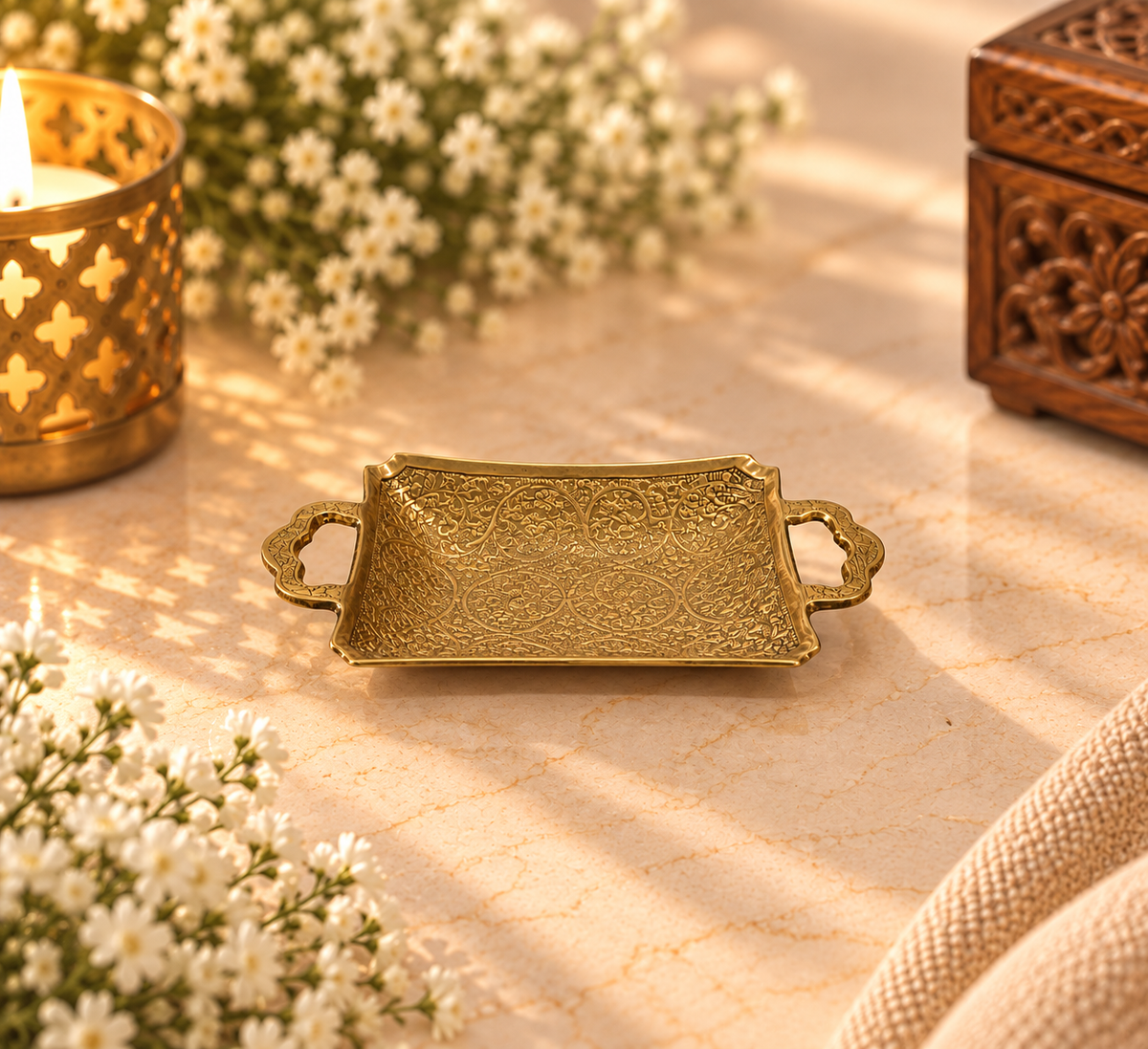 Brass Engraved Tray with Handles