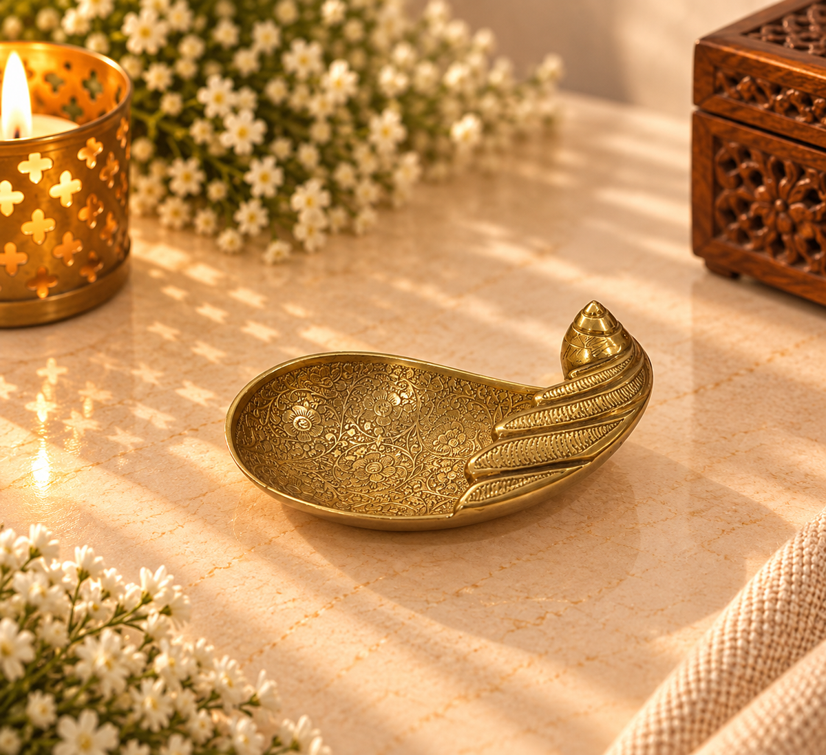 Brass Paan Leaf Bowl with Floral Engraving