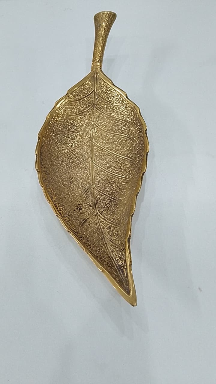 Brass Leaf Tray with Intricate Engraving - top view