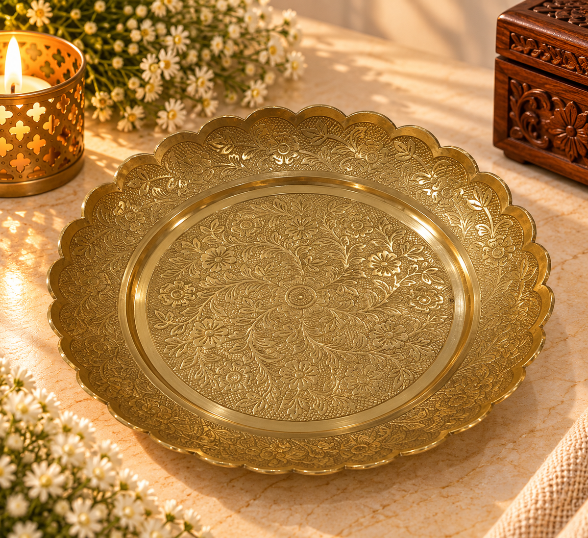 Brass Scalloped Pooja Thali - Flat