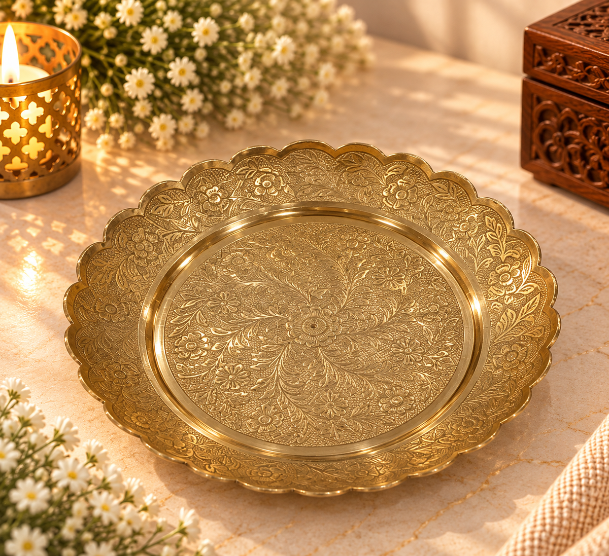 Brass Scalloped Pooja Thali - Medium