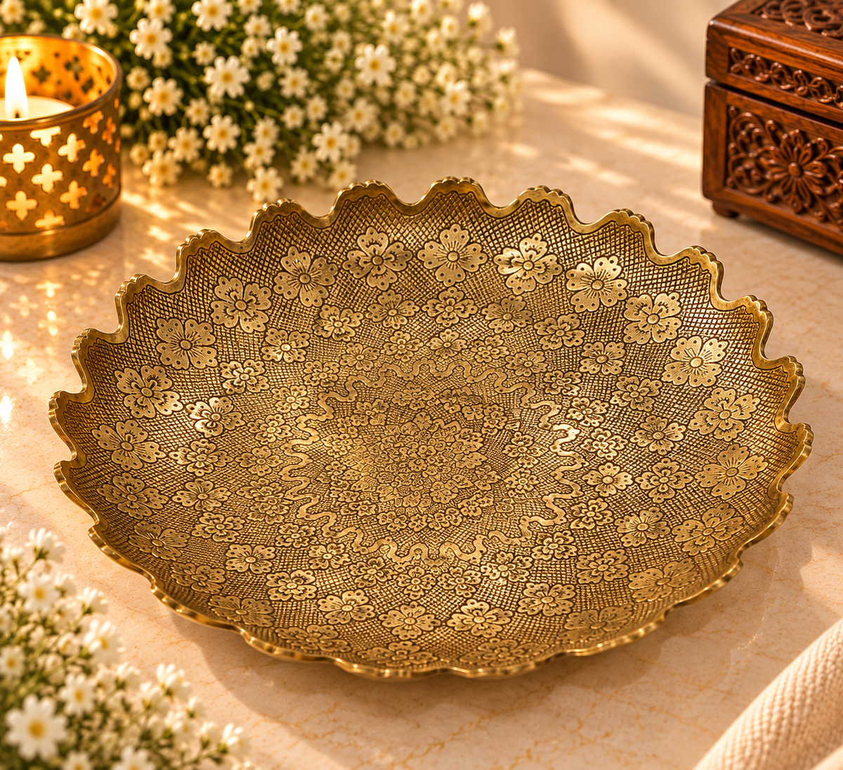 Brass Scalloped Pooja Thali - Deep